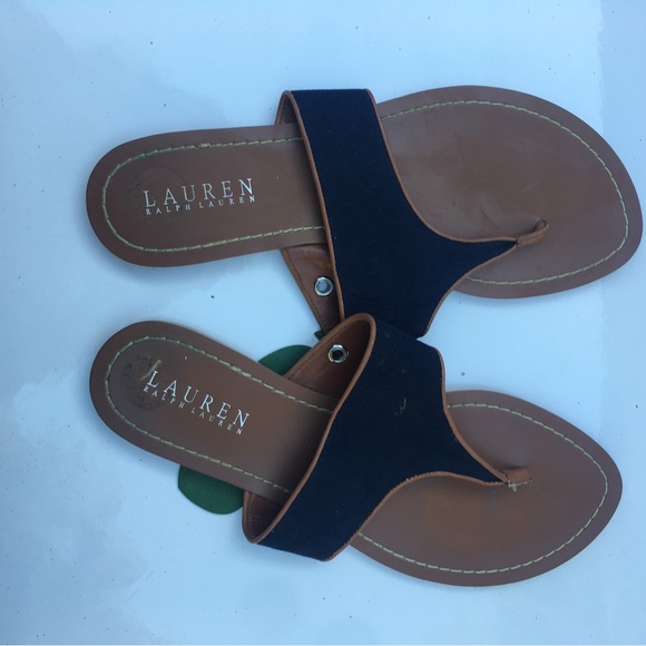 RALPH LAUREN NATURAL FLAT SUMMER WOMEN SANDALS SIZE 8B NAVY BLUE SURFACE - Picture 3 of 4